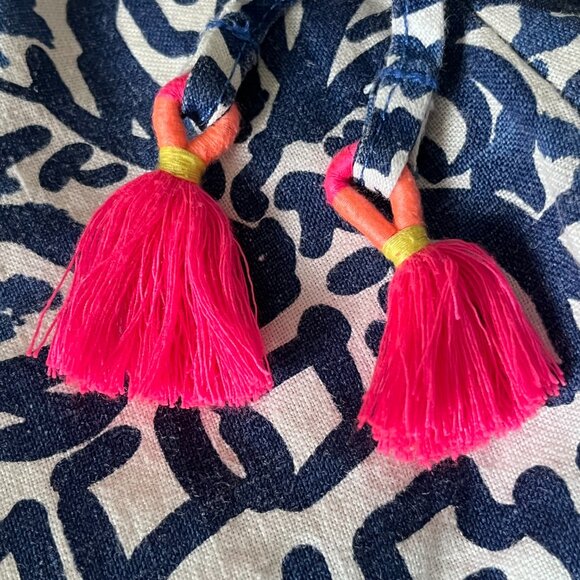 Lilly Pulitzer Linen Ankle Pants Women M Indigo White Pink Tassels Boho Coastal - Picture 3 of 11